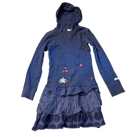 Naartjie Kids Navy Hooded Long-Sleeve Dress With Ruffled Polka Dot Skirt XXL 8 Y - Picture 1 of 3